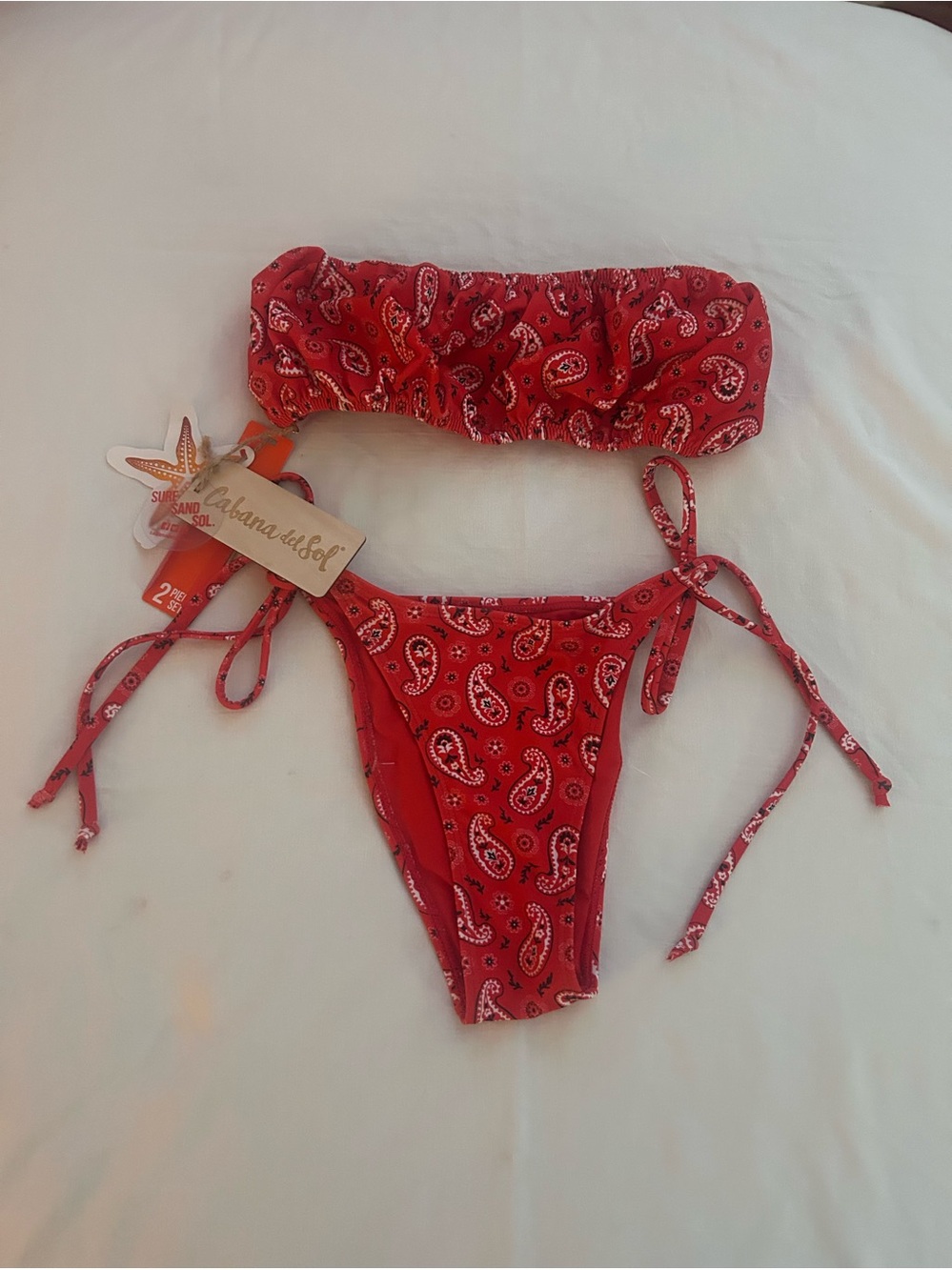 Woman’s Cabana Del Sol Red Paisley Bandeau Tie-Side Bikini Swimsuit Set NWT XS